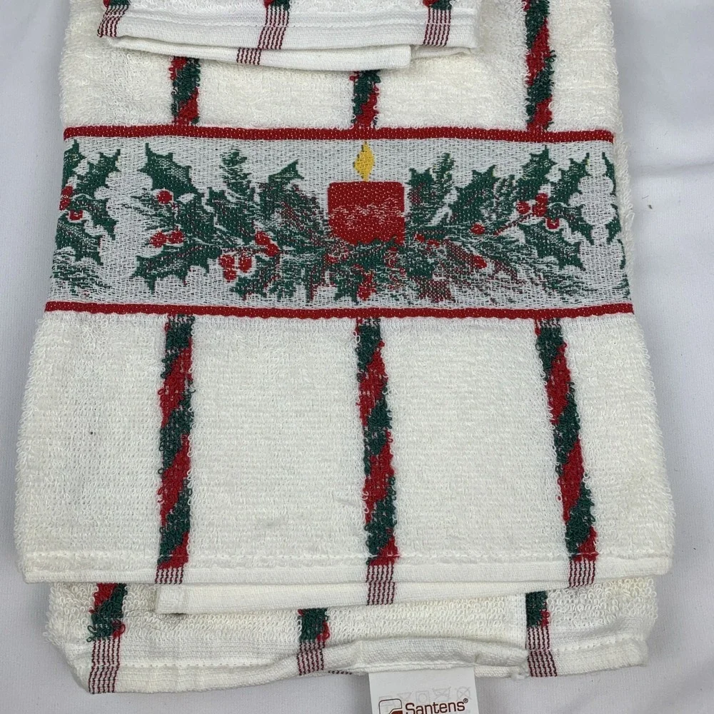 Santana Bath Towel Set Vintage Christmas Candle, Holy Red‎ And Green Made In USA